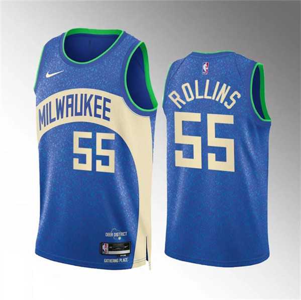 Mens Milwaukee Bucks #55 Ryan Rollins 2023-24 Blue City Edition Stitched Basketball Jersey Dzhi->->NBA Jersey